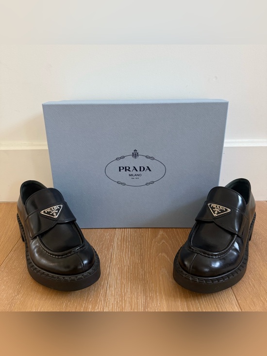 Prada Shoes - Prada Womens Chocolate Brushed Leather Loafers Shoe Size 8 US 38 EU